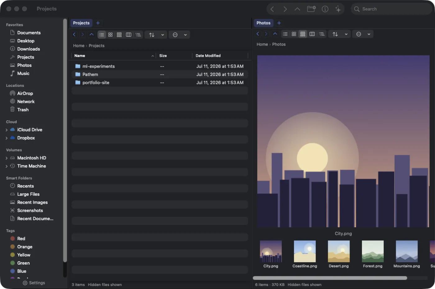Pathem dual-pane window: a Projects list on the left, a Photos gallery with a large preview and filmstrip on the right, and a sidebar of favorites, clouds, volumes, smart folders, and tags