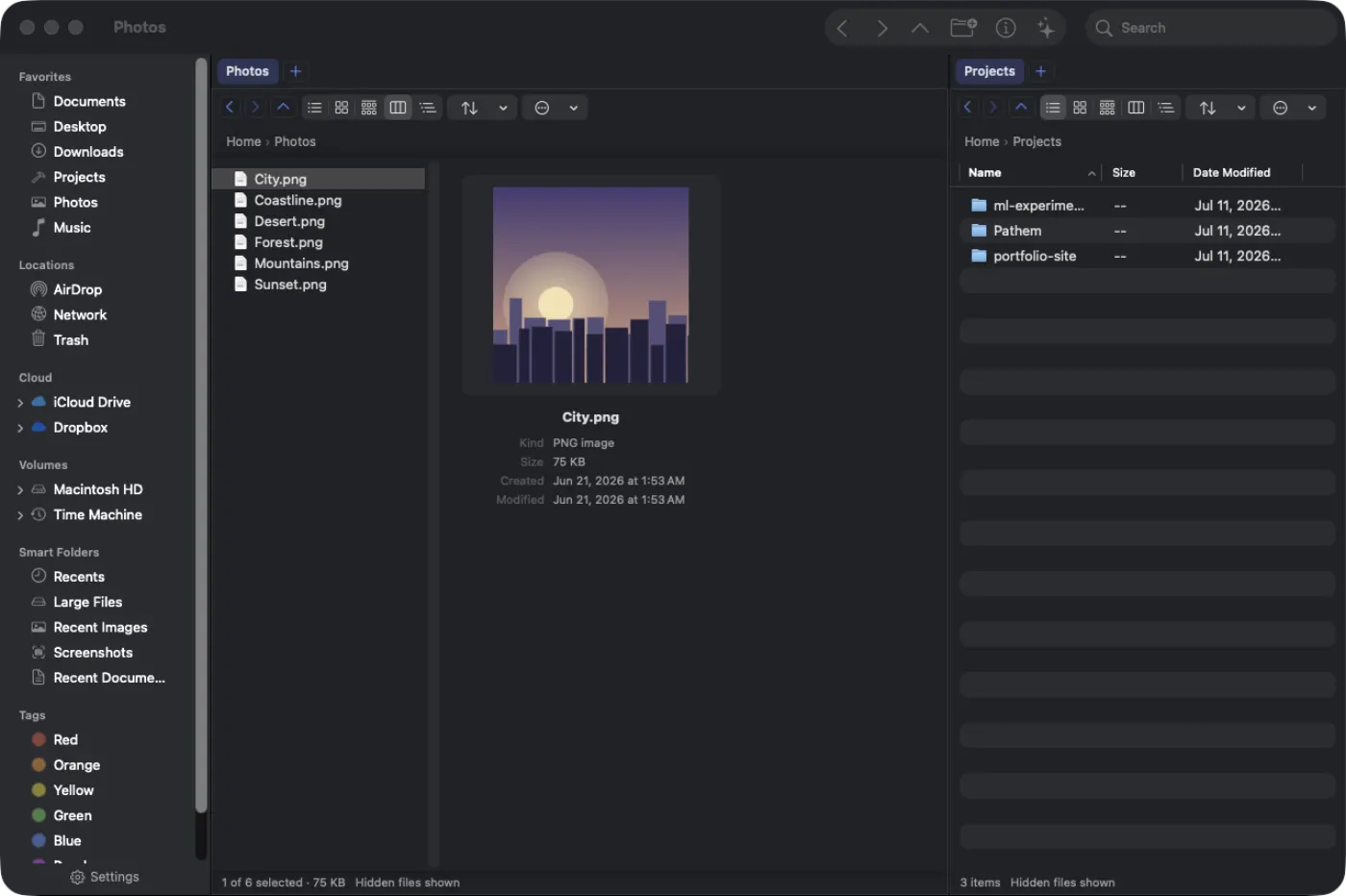 Pathem column view: the Photos folder as a column beside a preview column showing a thumbnail and file details