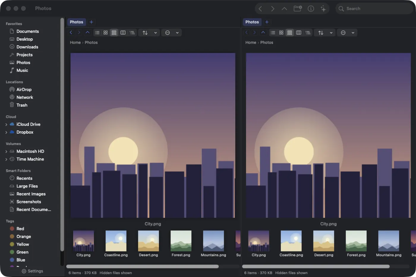 Pathem gallery view: one large photo preview above a filmstrip of the rest of the folder