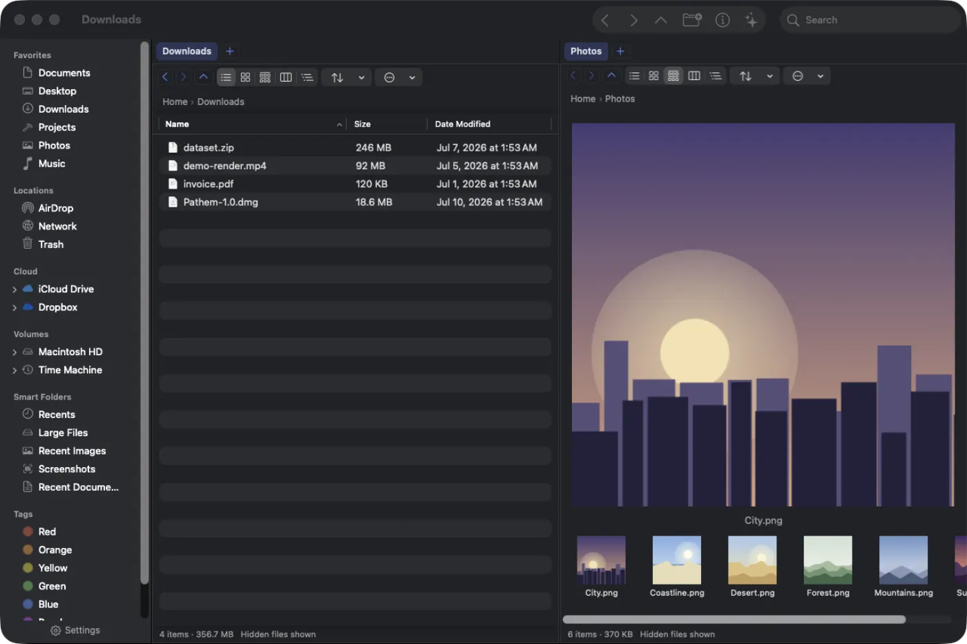 Pathem list view: a Projects list beside a Photos gallery pane